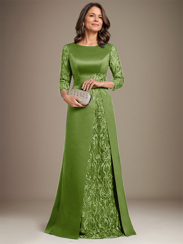 Vestido de madre de la novia de satén con encaje, corte A, largo hasta el suelo y apliques