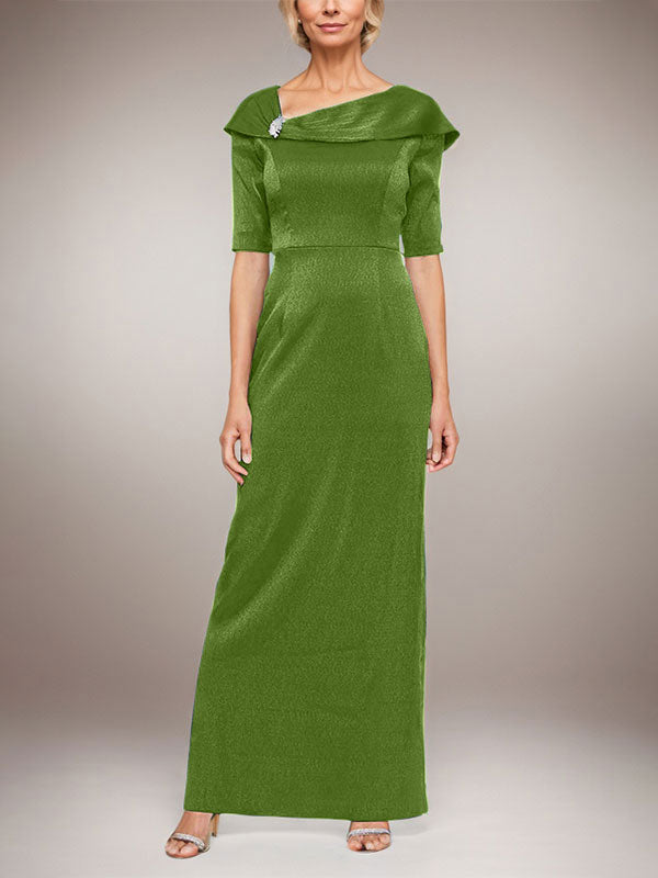 Vestido largo de columna brillante con puños doblados, escote en L y mangas hasta el codo