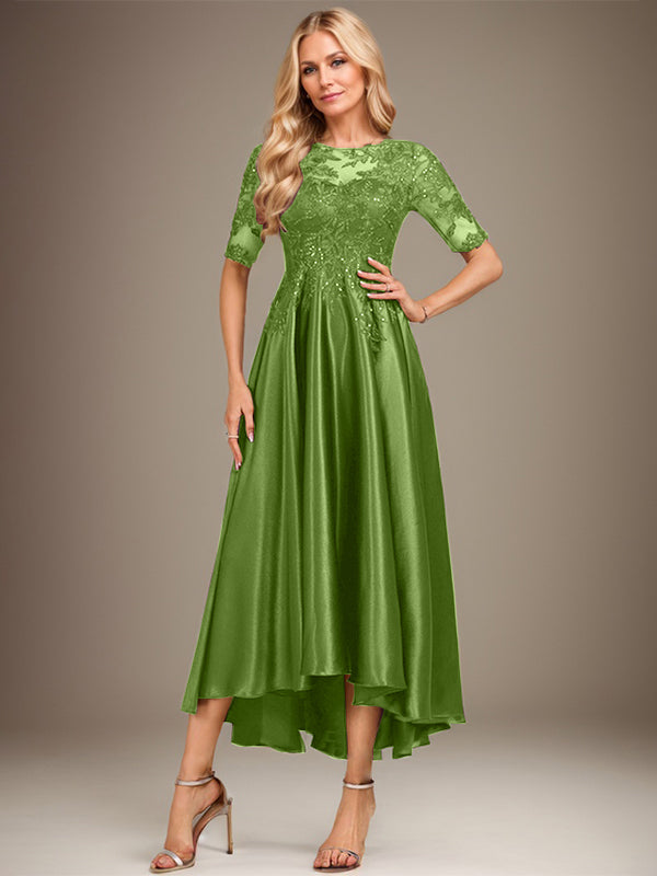 Vestido de madre de la novia de encaje satinado elástico asimétrico con ilusión de escote redondo y lentejuelas