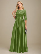 Vestido de madre de la novia de satén elástico con encaje, corte A, escote ilusión, largo hasta el suelo, con lazo y lentejuelas