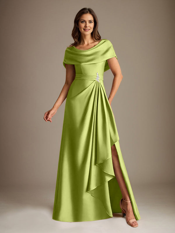 Vestido de madre de la novia de satén elástico, corte A, largo hasta el suelo, con escote redondo y volantes en cascada