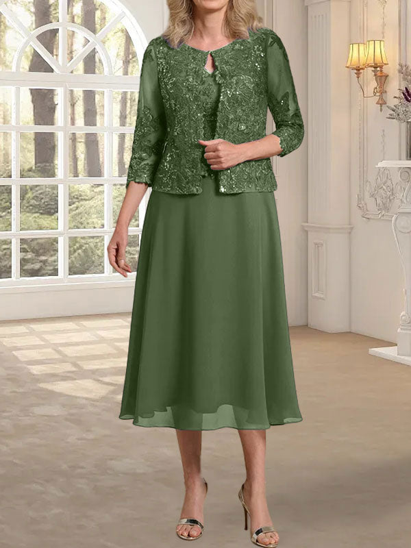 Vestido de gasa con encaje y lentejuelas para madre de la novia, corte A, escote redondo y largo hasta la rodilla