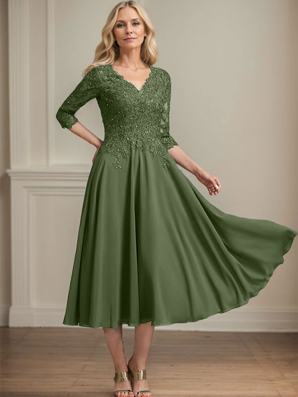 A-Linie V-Ausschnitt Wadenlanges Chiffon-Spitzenkleid für die Brautmutter mit Perlen und Pailletten 