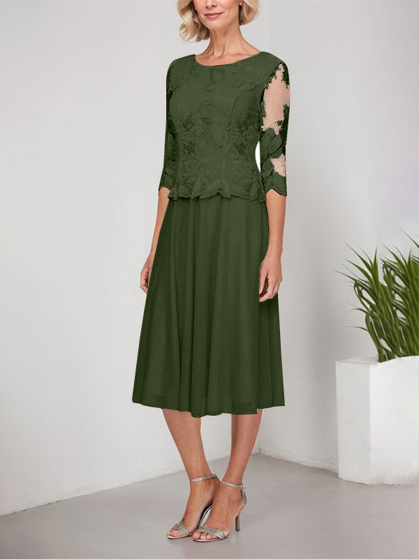 Vestido de gasa con encaje y bordado para madre de la novia, corte A, escote redondo y largo hasta la rodilla