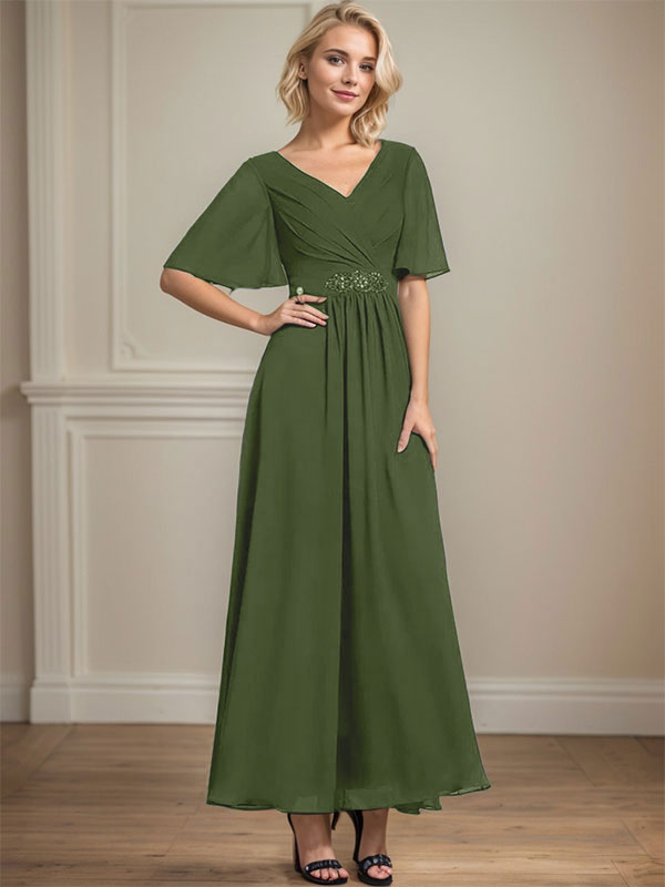 Vestido de gasa para madre de la novia con escote en V, largo hasta los tobillos, corte A y lentejuelas plisadas con cuentas