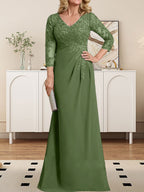 Vestido de madre de la novia de gasa con encaje, escote en V, ilusión, largo hasta el suelo, con lentejuelas plisadas