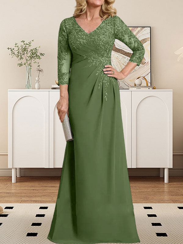 Vestido de madre de la novia de gasa con encaje, escote en V, ilusión, largo hasta el suelo, con lentejuelas plisadas