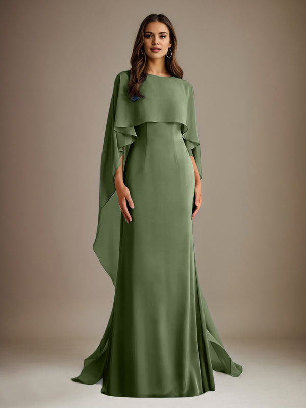 Vestido de gasa para madre de la novia, largo hasta el suelo, con escote barco y corte tubo/columna y volantes en cascada