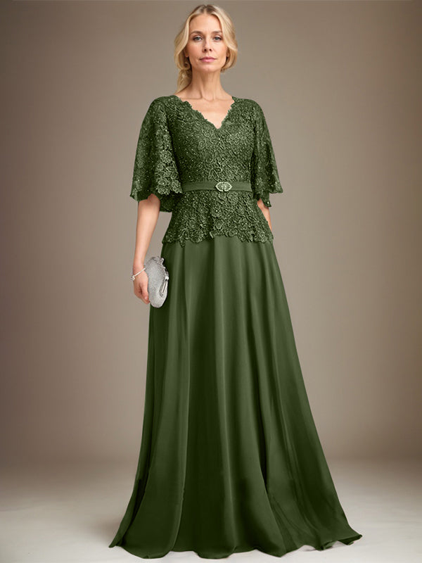 A-Linie V-Ausschnitt Bodenlanges Chiffon-Spitzenkleid für die Brautmutter mit Kristallbrosche und Strass 