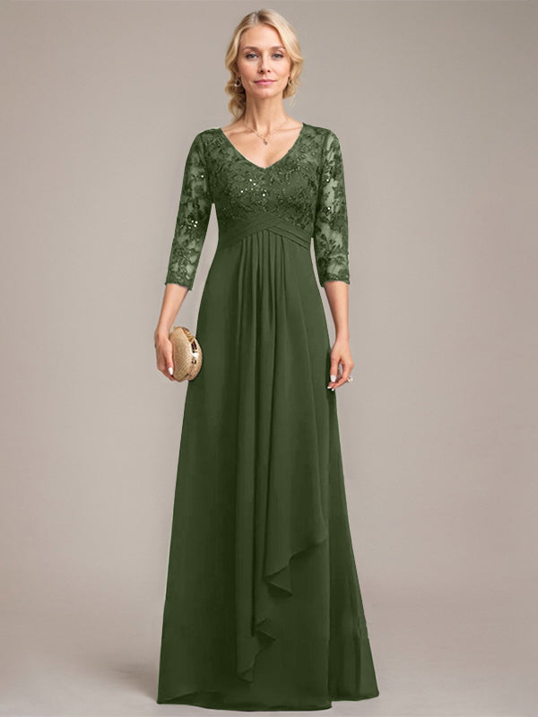 A-Linie V-Ausschnitt Bodenlanges Spitzen-Chiffon-Kleid für die Brautmutter mit kaskadierenden Rüschen und Pailletten 