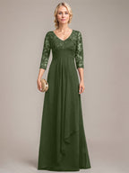A-Linie V-Ausschnitt Bodenlanges Spitzen-Chiffon-Kleid für die Brautmutter mit kaskadierenden Rüschen und Pailletten 
