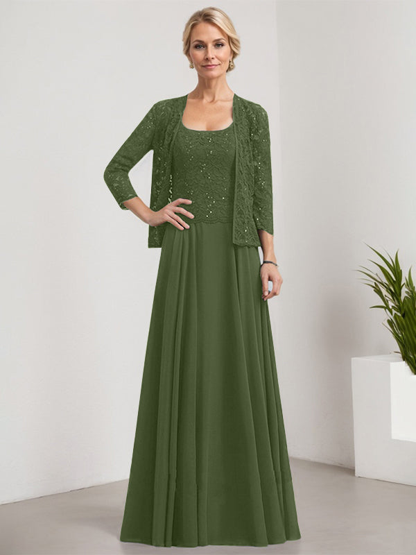 Vestido de madre de la novia de gasa con encaje, corte A, largo hasta el suelo, cuadrado y lentejuelas