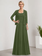 Vestido de madre de la novia de gasa con encaje, corte A, largo hasta el suelo, cuadrado y lentejuelas