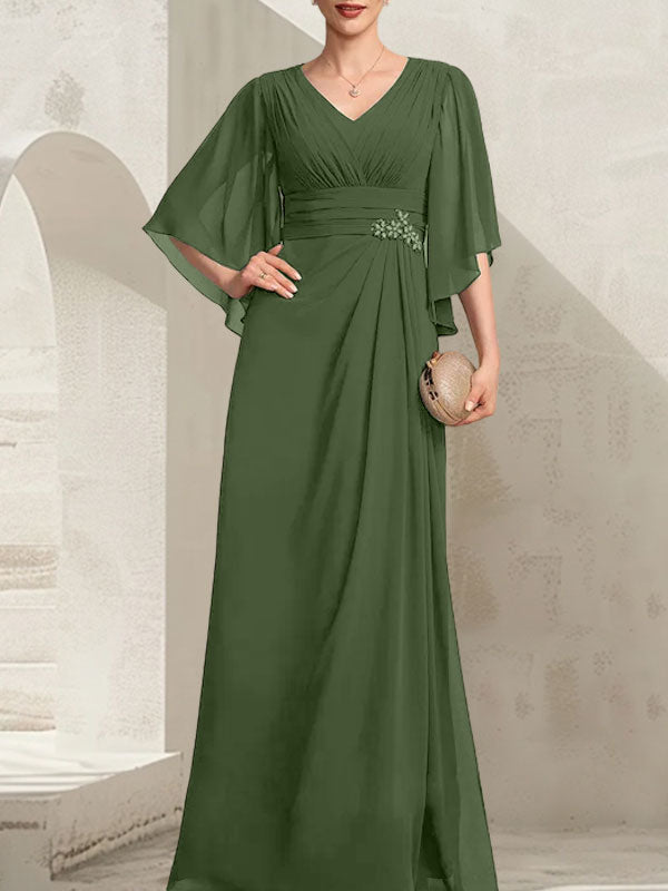 Etui-Linie/Säule V-Ausschnitt Bodenlang Chiffon Kleid für die Brautmutter mit Plissee Pailletten Perlenbesatz