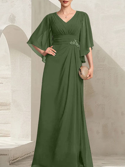 Etui-Linie/Säule V-Ausschnitt Bodenlang Chiffon Kleid für die Brautmutter mit Plissee Pailletten Perlenbesatz
