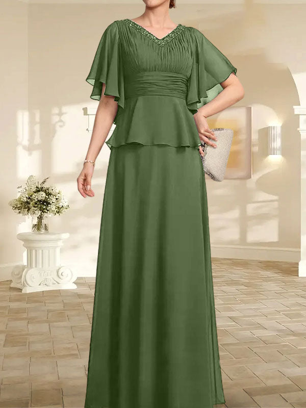 A-Linien-Kleid aus Chiffon mit V-Ausschnitt und bodenlangem Schnitt für die Brautmutter mit plissierten Perlen