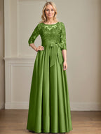 Vestido de madre de la novia de satén con encaje, corte A, escote ilusión, largo hasta el suelo, con lazo de lentejuelas