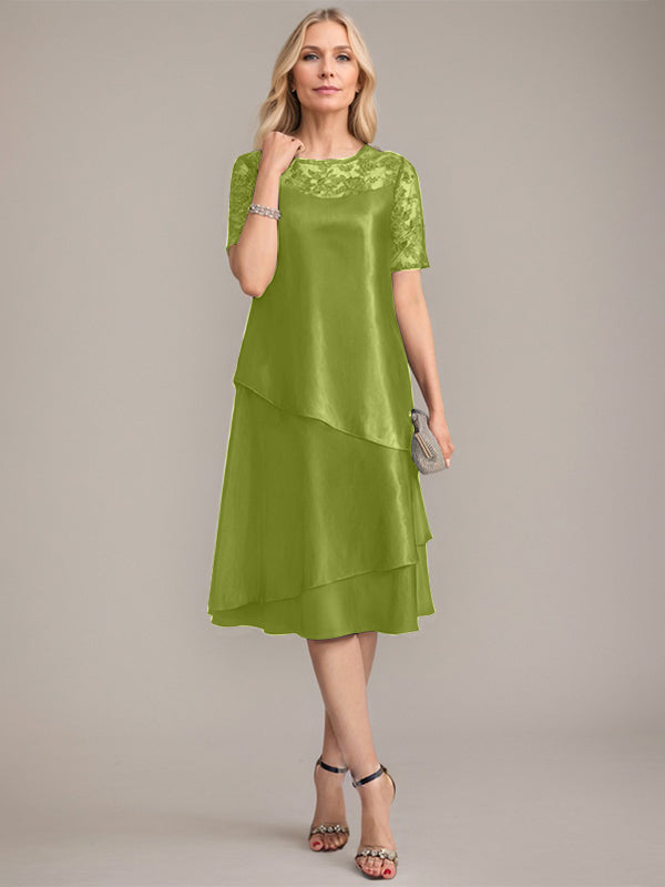 Vestido de madre de la novia con corte en A, escote redondo y largo hasta la rodilla, con apliques y lentejuelas