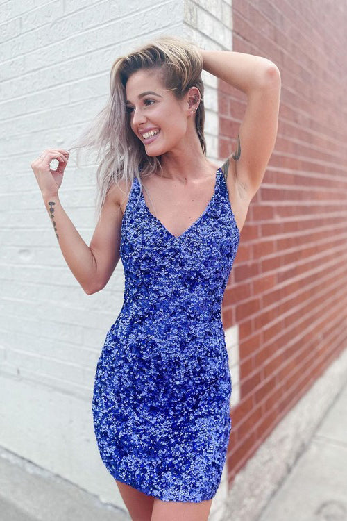 Vestidos de fiesta cortos elegantes con escote en V y espalda abierta con lentejuelas
