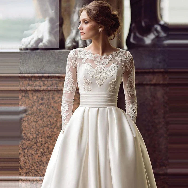 On Zhu Pleat Satin Wedding Dresses 2023 Lace Appliques Sweep Train Long Sleeve Neck Formal Occasion Bridal dress robe de mariée-payinti