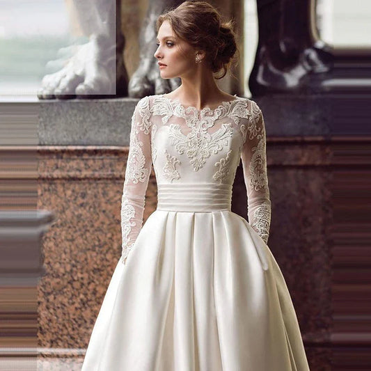 On Zhu Pleat Satin Wedding Dresses 2023 Lace Appliques Sweep Train Long Sleeve Neck Formal Occasion Bridal dress robe de mariée-payinti