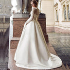 On Zhu Pleat Satin Wedding Dresses 2023 Lace Appliques Sweep Train Long Sleeve Neck Formal Occasion Bridal dress robe de mariée-payinti