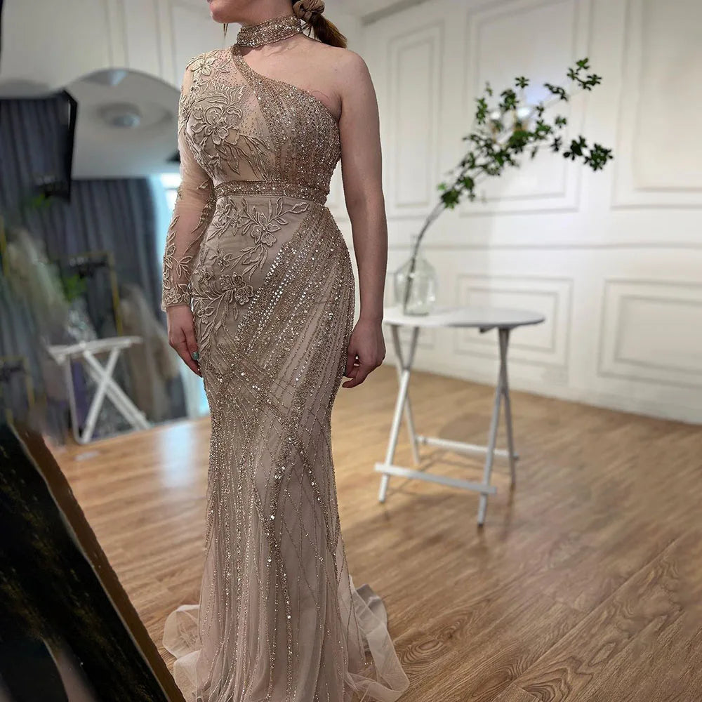On Sale no return no refund One-Shoulder Beaded Turquoise Mermaid Evening Dress for Women's Wedding Party at LA72067