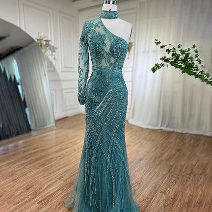 En oferta, sin devolución ni reembolso, vestido de noche de sirena turquesa con cuentas de un solo hombro para fiesta de bodas de mujer en LA72067 