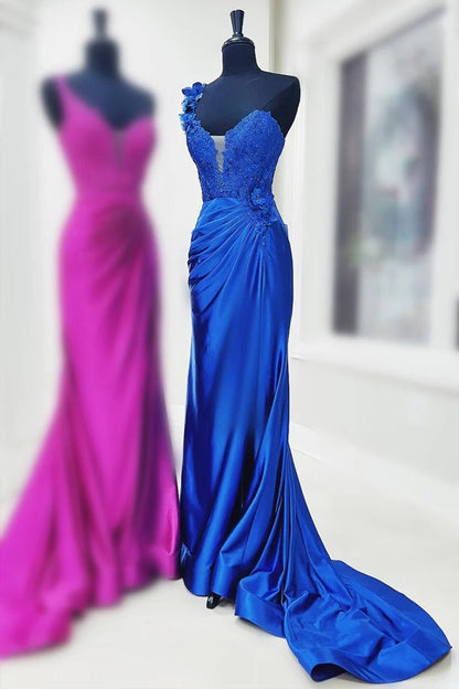 Rotes Ballkleid mit One-Shoulder-Ausschnitt, 3D-Blumenspitze, Plissee und Schlitz PSK496