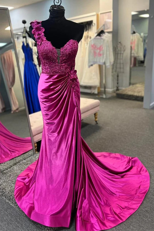 Vestido de fiesta rojo plisado con encaje floral 3D y un solo hombro con abertura PSK496