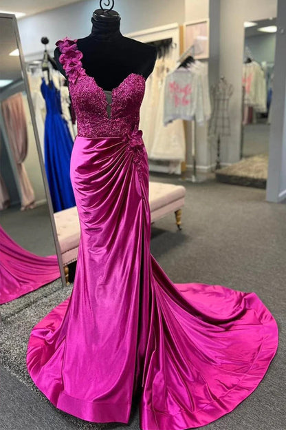 Rotes Ballkleid mit One-Shoulder-Ausschnitt, 3D-Blumenspitze, Plissee und Schlitz PSK496