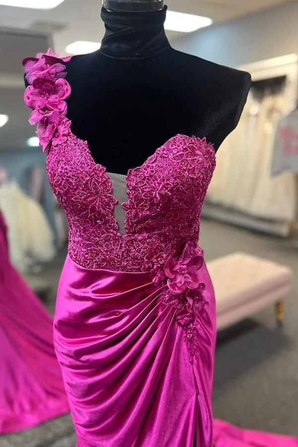 Vestido de fiesta rojo plisado con encaje floral 3D y un solo hombro con abertura PSK496