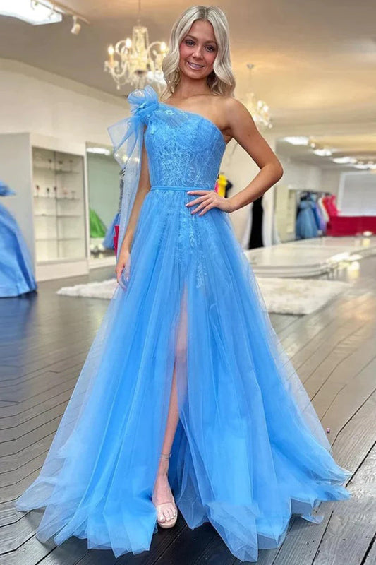 Robe de bal longue en dentelle bleue à une épaule avec fente PSK537