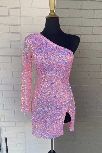 Long Sleeve Sequined Hot Pink Homecoming Dress SYH18
