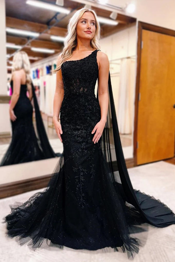 One-Shoulder Meerjungfrau Spitze Schwarz Ballkleid Abendkleid PSK567