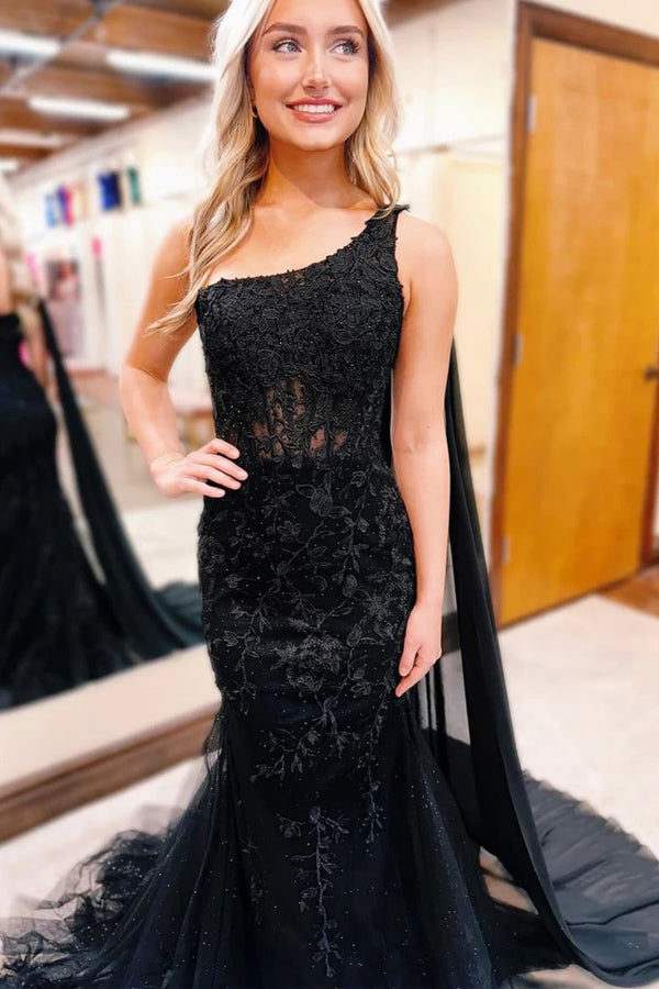 One-Shoulder Meerjungfrau Spitze Schwarz Ballkleid Abendkleid PSK567