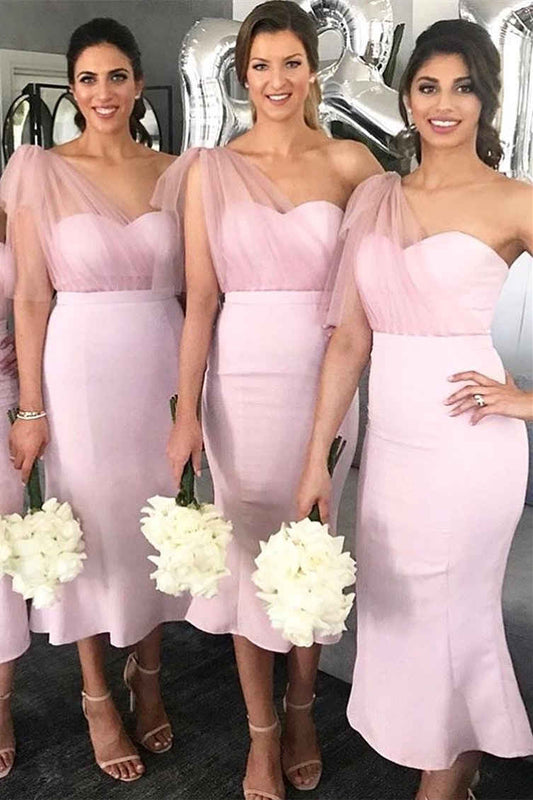 Pink Tea Length Mermaid Bridesmaid Dress SCB64