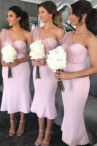 Pink Tea Length Mermaid Bridesmaid Dress SCB64