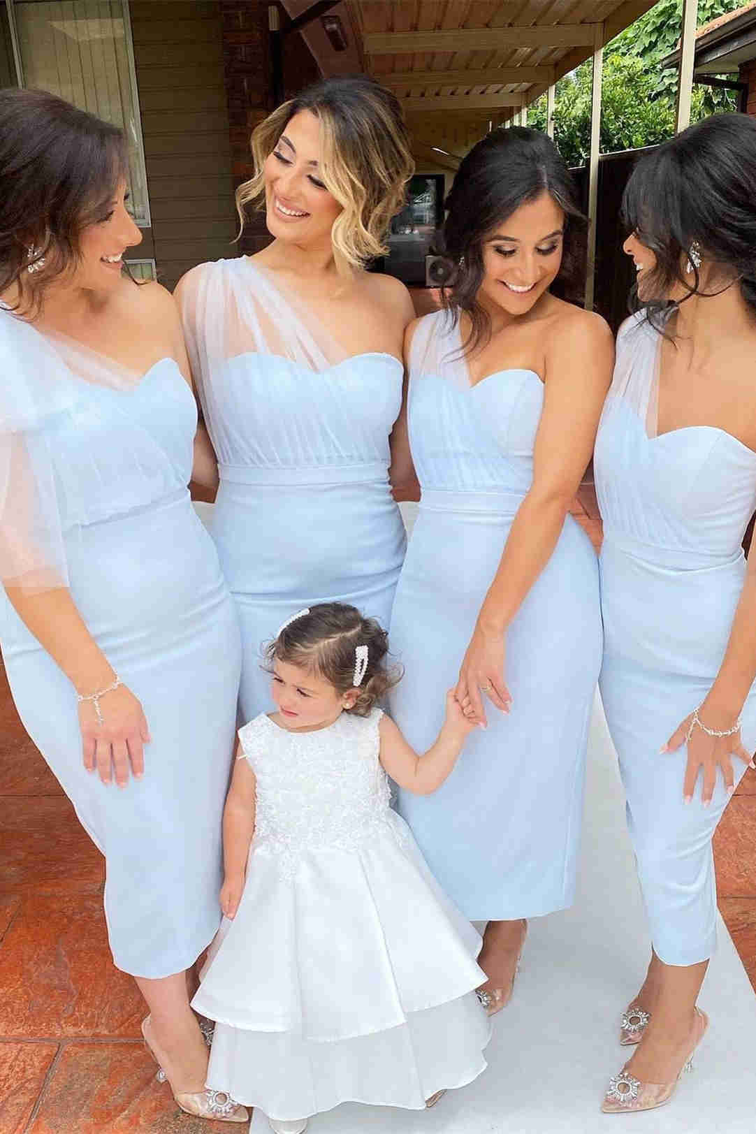 Pink Tea Length Mermaid Bridesmaid Dress SCB64