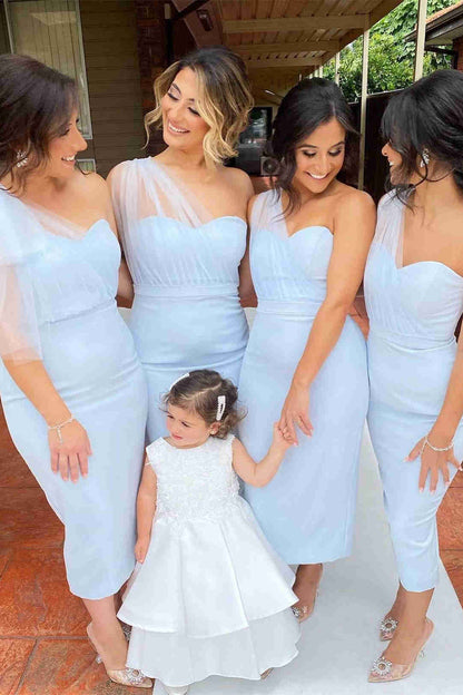 Pink Tea Length Mermaid Bridesmaid Dress SCB64