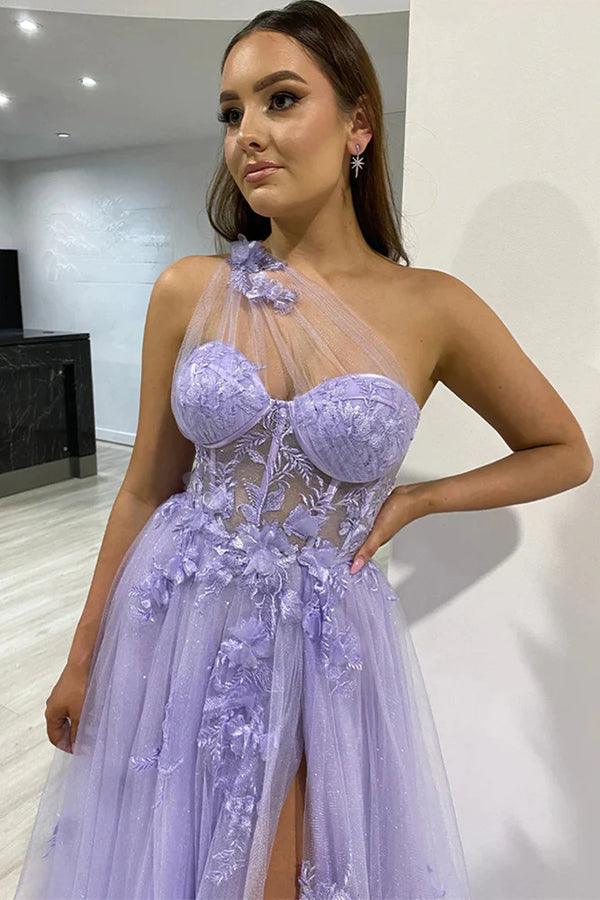 One-Shoulder Lila Blau Spitze Split Ballkleider Abendkleider PSK426