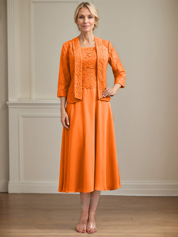 Vestido de gasa con encaje y escote redondo hasta la rodilla para madre de la novia