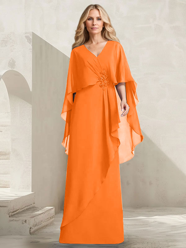 Vestido de gasa para madre de la novia con escote en V, corte A y largo hasta el suelo, con volantes en cascada y cuentas