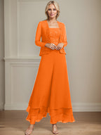 Vestido de madre de la novia de gasa con encaje y lentejuelas, largo hasta los tobillos, con mono/pantalón separado