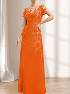 Vestido de madre de la novia de gasa con encaje, escote redondo, ilusión, largo hasta el suelo, con lentejuelas