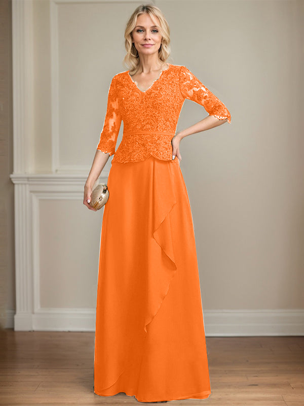 Vestido de madre de la novia de gasa con encaje, escote en V, largo hasta el suelo, con volantes en cascada y lentejuelas