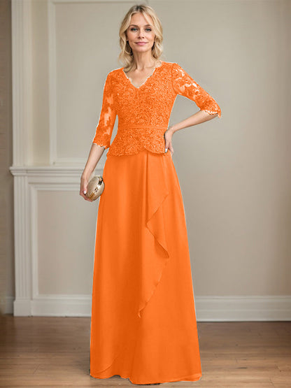 A-line V-Neck Floor-Length Lace Chiffon Mother of the Bride Dress With Cascading Ruffles Sequins