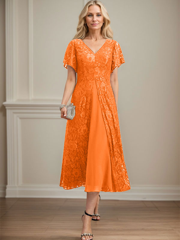 Vestido de gasa con encaje y escote en V para madre de la novia, largo hasta la rodilla