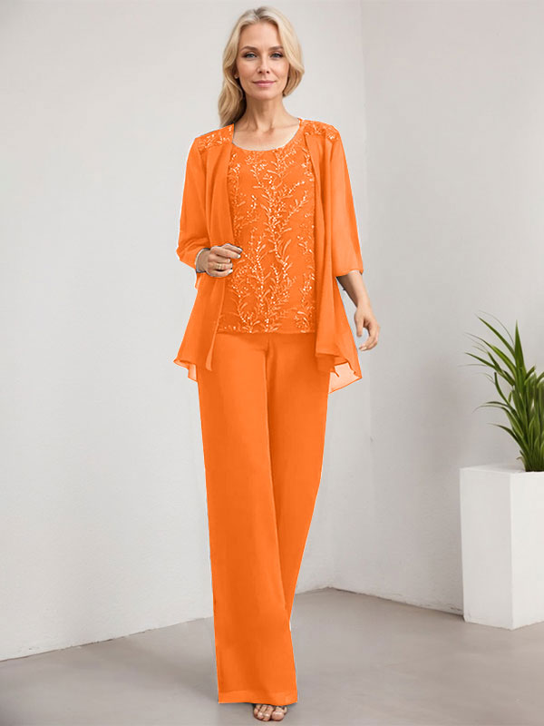 Vestido de madre de la novia de gasa con encaje, largo hasta el suelo, con lentejuelas y mono/pantalón separado