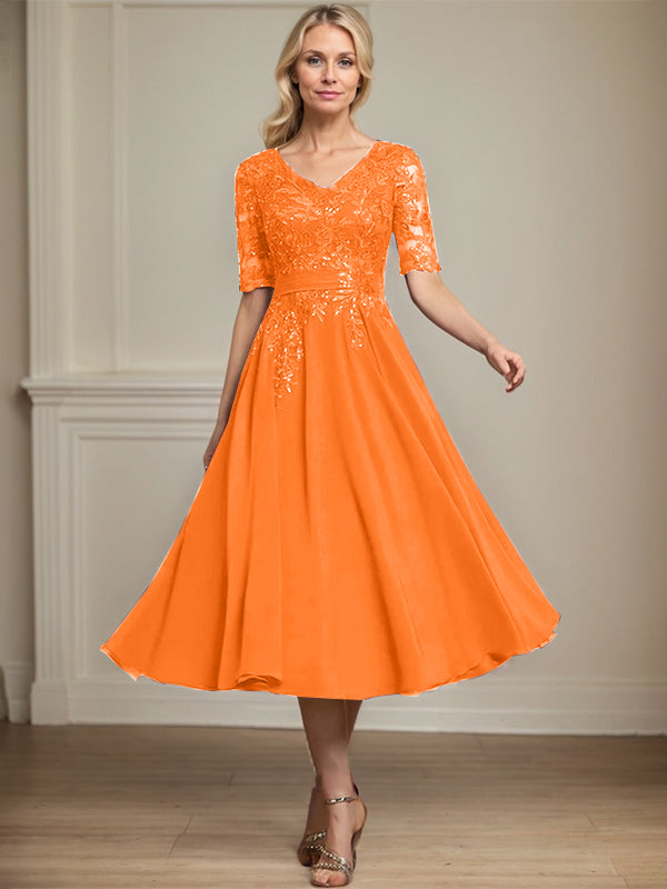 Vestido de gasa con encaje y lentejuelas para madre de la novia, corte A, escote en V y largo hasta la rodilla